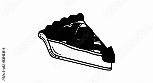 Black and white linework illustration of a single slice of fruit pie