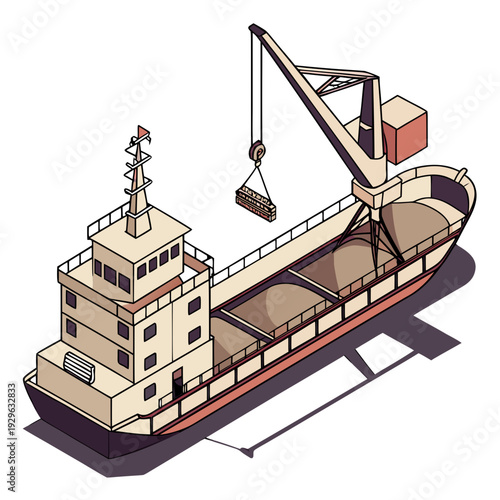 Beige cargo ship unloading bulk with crane bulk cargo