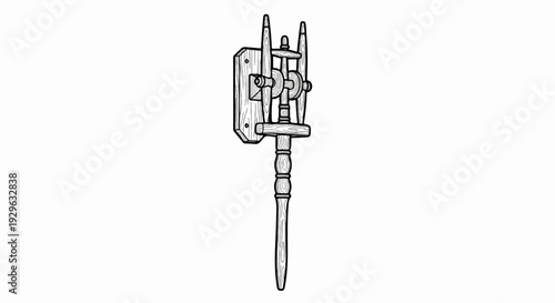 Stylized line art of a wooden spinning wheel with a decorative spindle