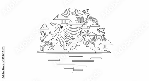 Celestial beings with wings soar through fluffy clouds and vibrant rainbows