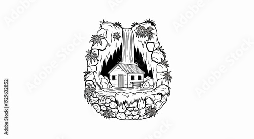 Rustic cabin nestled behind a waterfall, surrounded by rocks and lush foliage