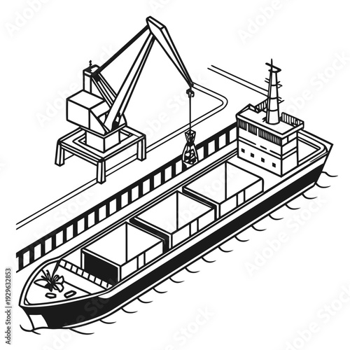 Black and white of cargo ship unloading agricultural products with crane