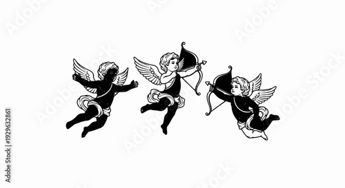 Three cherubs with wings and bows fly across a white background
