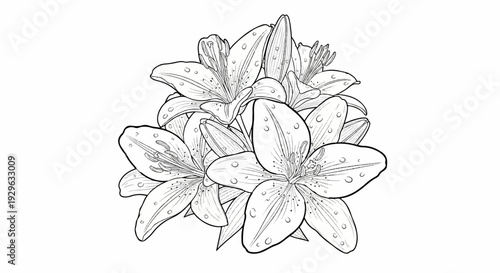 A delicate line drawing of several lily flowers with dew drops on their petals