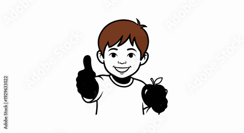 A smiling boy with brown hair gives a thumbs-up and holds a dark apple