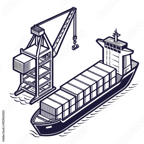 Cargo ship with containers being loaded by crane container ship