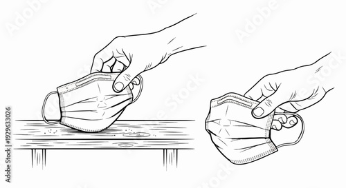 Hand holding a protective face mask over a wooden surface