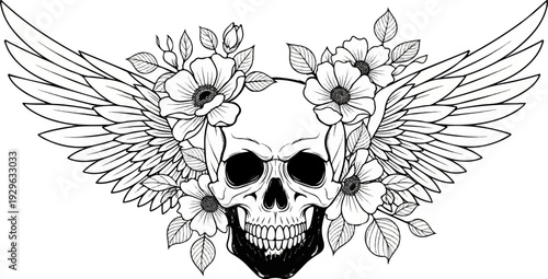 An artistic representation of a skull adorned with flowers and large wings