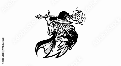 Black and white drawing of a wizard casting a spell with a staff