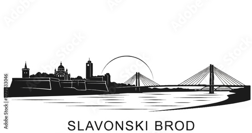 A city skyline with a large fortress, domed buildings, and a modern bridge