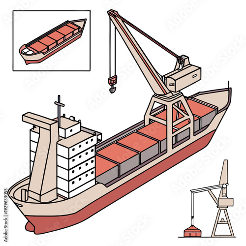 Cargo ship with crane and containers on deck shipping