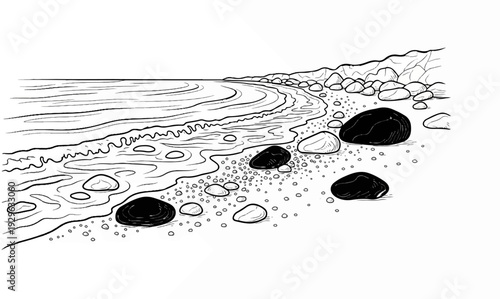 Black and white illustration of waves rolling onto a pebble beach with large stones
