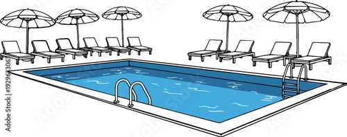 Blue swimming pool with lounge chairs and umbrellas under a clear sky