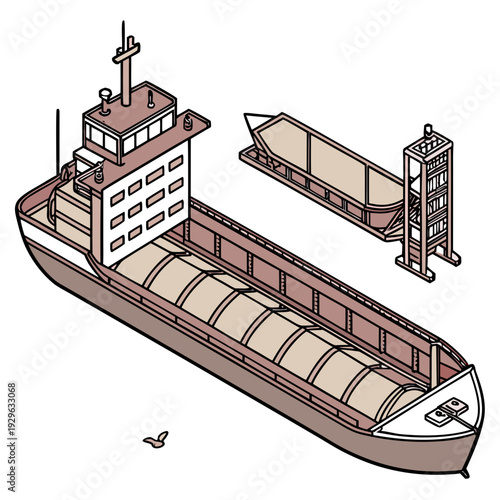 Industrial cargo ship with open deck and crane industrial vessel