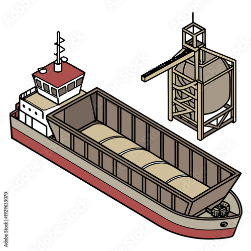 Cargo ship with open hold and crane loading tan cylindrical cargo
