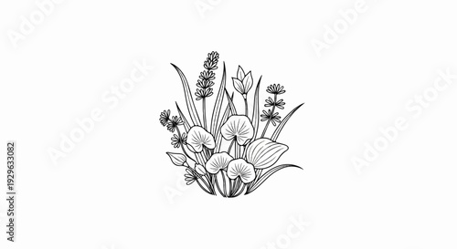 A black and white line drawing depicts an arrangement of various plants and flowers
