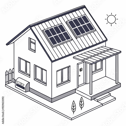 House with solar panels on roof and sun black and white 1