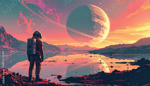 Lone explorer facing majestic cosmic panorama. Space mission concept within surreal frontier. Galactic expedition theme with reflective waters