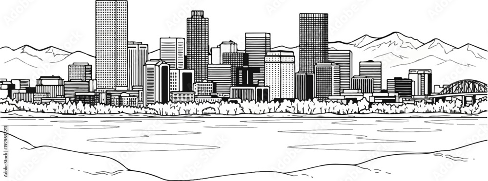 Fototapeta premium Black and white illustration of a city skyline with mountains and a river