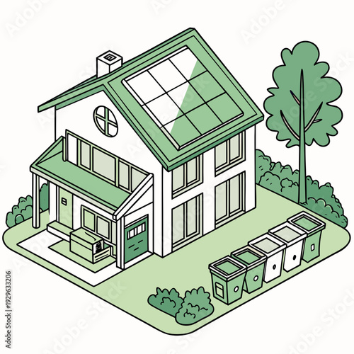 Sustainable home with solar panels and recycling bins 1
