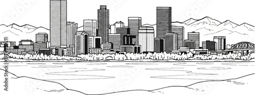 Black and white illustration of a city skyline with mountains and a river