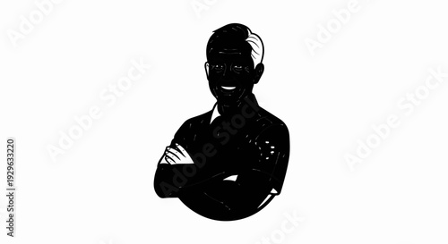 A man with white hair and a dark shirt smiles with his arms crossed