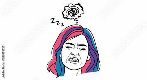 Frustrated person with colorful hair, eyes squeezed shut, gritting teeth, and swirling thoughts
