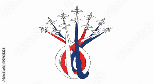 A team of fighter jets performs an aerial display, leaving trails of red, white, and blue smoke