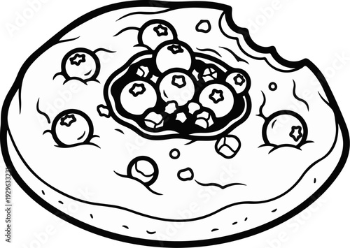 A black and white illustration of a cookie with blueberries and a bite taken out