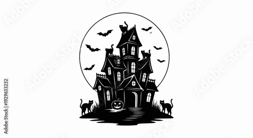 Silhouette of a haunted house with cats, bats, and a pumpkin under a full moon