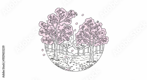 A winding path leads through a grove of flowering trees with falling petals