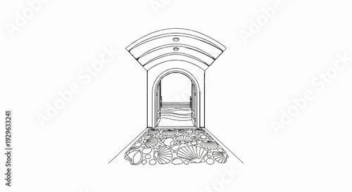 A path with shells and stones leads to an arched doorway with a curved ceiling