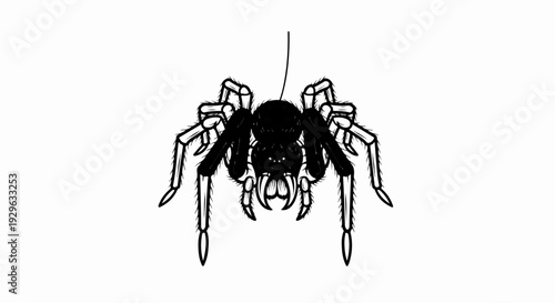 Black, hairy arachnid with eight legs and fangs, suspended by a thread
