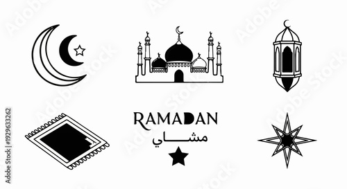 Ramadan symbols crescent, mosque, lantern, prayer rug, star, and text