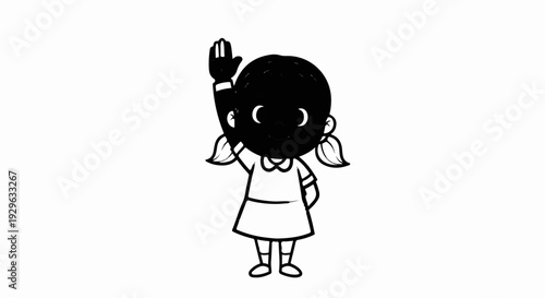 A black and white cartoon of a girl with pigtails raising her hand
