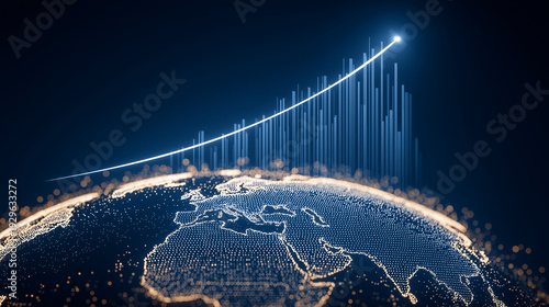 Global Growth Trends: A visualization of rising economic data and expanding global trends. A glowing world map is accompanied by an upward trending bar graph and a line representing growth.