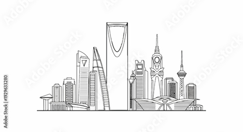 Line art depicts a modern cityscape with diverse, stylized skyscrapers and towers