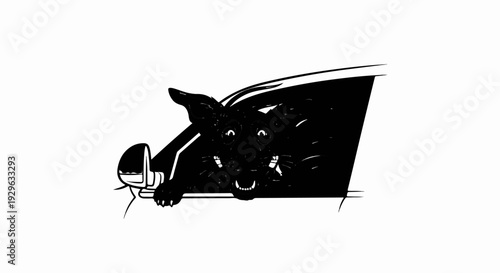 A black and white illustration of a dog's head sticking out of a car window