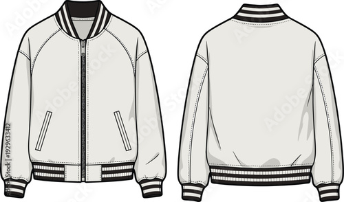 Technical fashion sketch of a white bomber jacket front and back views with striped ribbing for apparel design and streetwear.