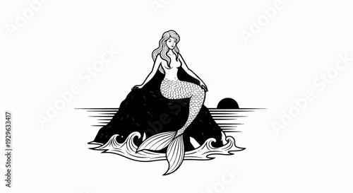 Mermaid on a rock at sunset, with waves