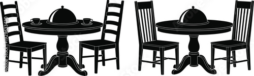 Black silhouette vector illustration of dining table arrangements with chairs, dome dish, and teacups, symbolizing furniture design, hospitality, and interior decor projects.