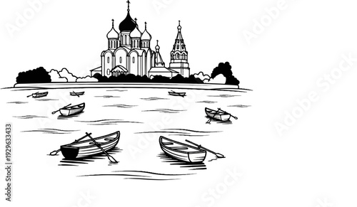 Sketch of boats floating on water with a church and trees in the background