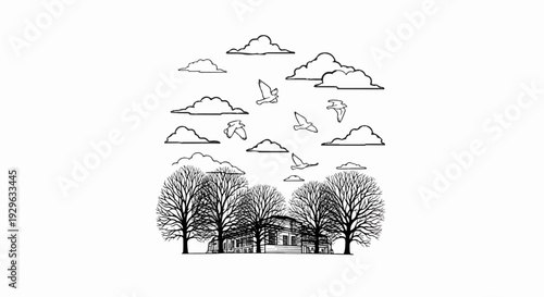 A line art scene with bare trees, a building, and birds flying among clouds