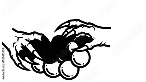 Clawed hands reaching for a bunch of grapes, rendered in bold black ink