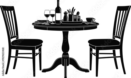 Black silhouette vector illustration of dining table with wine glasses, bottle, plates, and cutlery, symbolizing romantic dinner, hospitality, and interior decor projects.