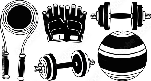 Collection of exercise equipment including a jump rope, gloves, dumbbells, and a large ball