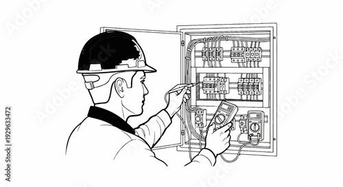 Electrician wearing helmet checks electrical panel with multimeter