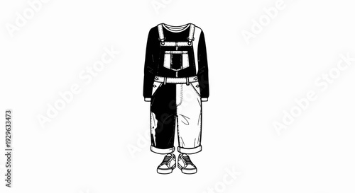 Black and white overalls with long-sleeved shirt and sneakers