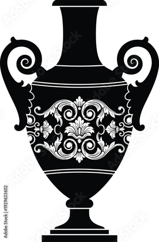 Black silhouette vector illustration of ornate decorative vase with floral scrollwork, symbolizing classical art, ancient pottery, and elegant design for creative and cultural projects.