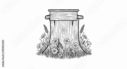 A stylized black and white drawing of a tree stump with a signpost on top, surrounded by grass and flowers